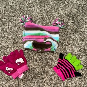 Old Navy chin velcro hat withh tassles and two pairs of gloves